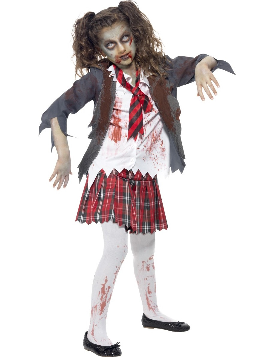 Zombie Schulmädchen Halloween Kinderkostüm grau-weiss