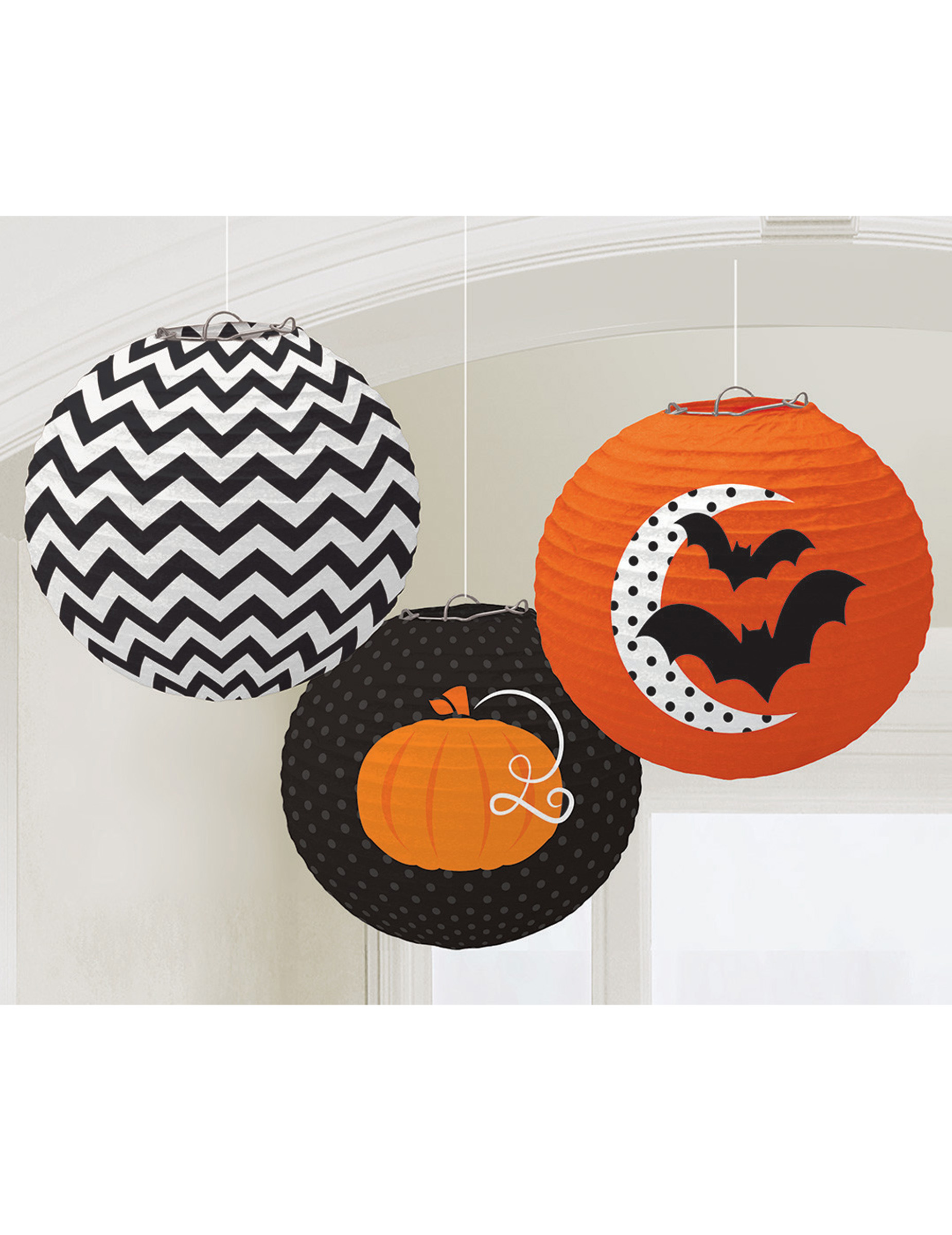 Süsse Lampions Halloween Partydeko-Set 3 Stück orange-schwarz-weiss 24cm