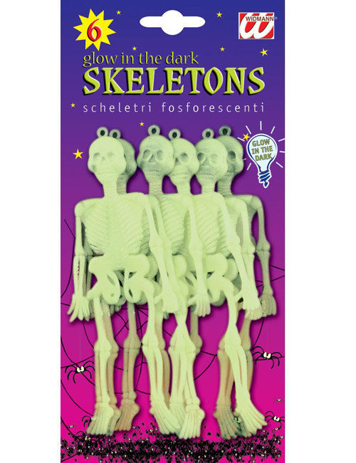 Nachtleuchtende Skelette Halloween-Deko 6er-Set weiss 15cm