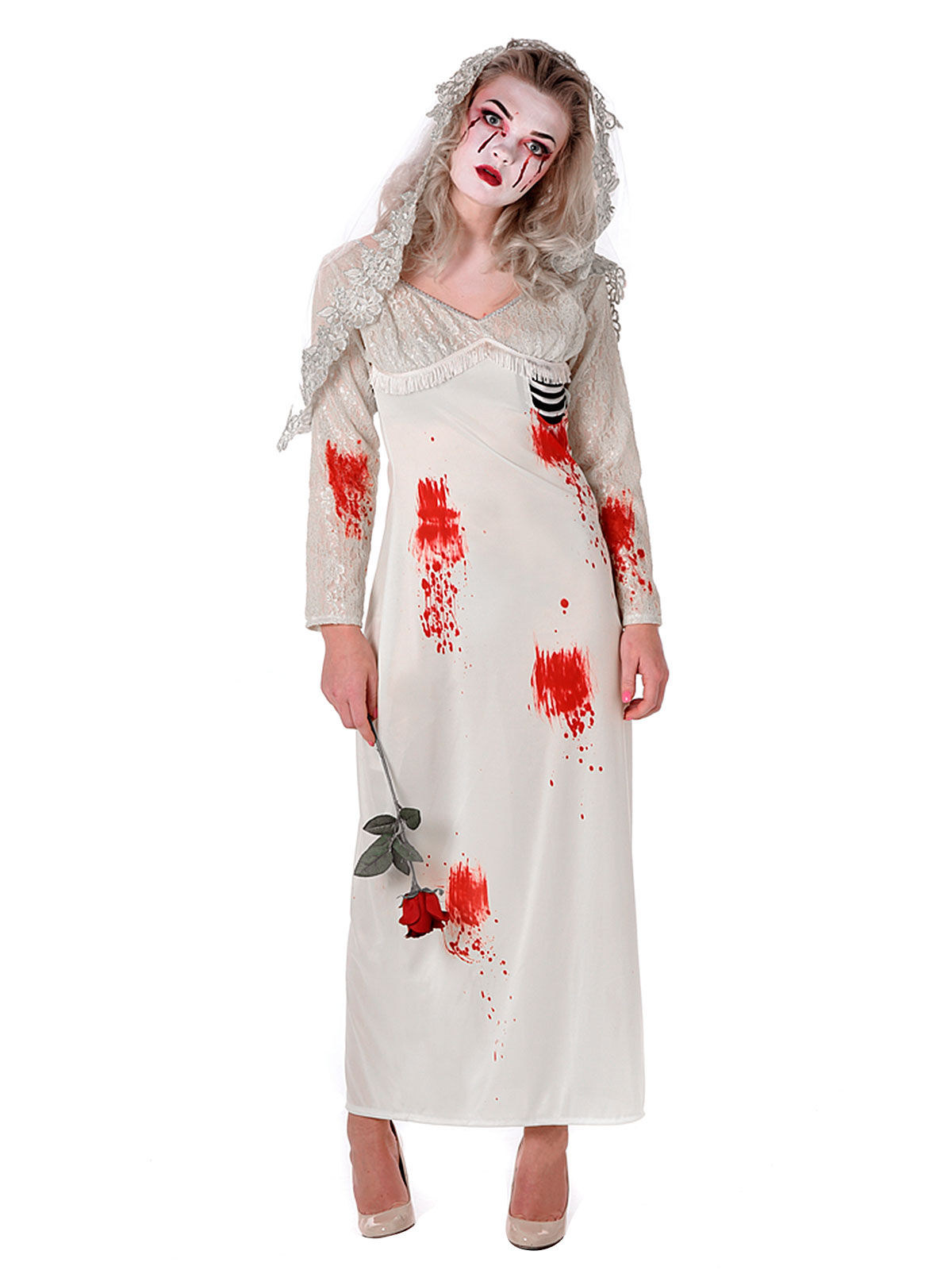 Zombie-Braut Halloween-Damenkostüm Geist weiss-rot-schwarz