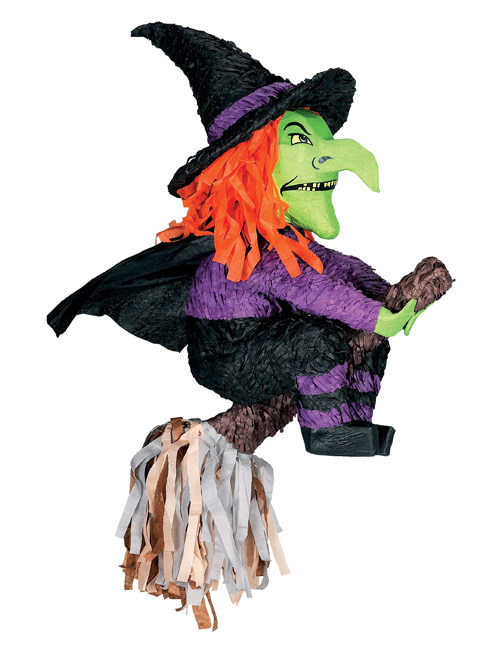 Pinata Halloween-Party Spiel und Deko Hexe auf Besen grün-lila-schwarz 60cm